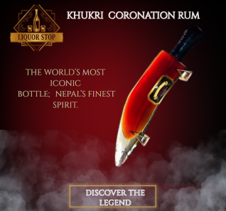 A bottle of Khukri Coronation Rum shaped like a traditional Nepali Khukri knife, featured in a promotional graphic against a smoky red background.