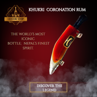 A bottle of Khukri Coronation Rum shaped like a traditional Nepali Khukri knife, featured in a promotional graphic against a smoky red background.