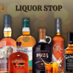 "A luxury digital advertisement for Himalayan Reserve Whisky created in Canva. The design features a realistic bottle and a glass with an orange slice positioned against a serene blue Himalayan mountain backdrop. The 'Liquor Stop' logo sits in the top left corner, and a handwritten-style arrow points to a 'Click Now' button, advertising an exclusive 2026 brand guide."