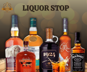 "A luxury digital advertisement for Himalayan Reserve Whisky created in Canva. The design features a realistic bottle and a glass with an orange slice positioned against a serene blue Himalayan mountain backdrop. The 'Liquor Stop' logo sits in the top left corner, and a handwritten-style arrow points to a 'Click Now' button, advertising an exclusive 2026 brand guide."