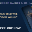 Johnnie Walker Blue Label whisky review banner with luxury gold and navy blue branding. Featuring the iconic 1 in 10,000 blend bottle and box, perfect for whisky enthusiasts and collectors.