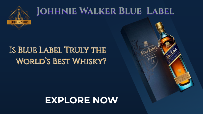 Johnnie Walker Blue Label whisky review banner with luxury gold and navy blue branding. Featuring the iconic 1 in 10,000 blend bottle and box, perfect for whisky enthusiasts and collectors.