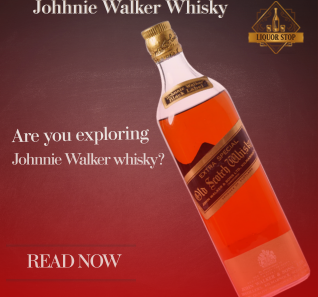 A premium liquor advertisement featuring a bottle of Johnnie Walker Whisky angled diagonally against a dark, textured mahogany background. The top left features the text 'Johnnie Walker Whisky' in a gold serif font, while the top right contains a decorative gold 'Liquor Stop' logo. On the left side, the question 'Are you exploring Johnnie Walker whisky?' is written in gold, positioned above a 'READ NOW' call to action.