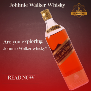 A premium liquor advertisement featuring a bottle of Johnnie Walker Whisky angled diagonally against a dark, textured mahogany background. The top left features the text 'Johnnie Walker Whisky' in a gold serif font, while the top right contains a decorative gold 'Liquor Stop' logo. On the left side, the question 'Are you exploring Johnnie Walker whisky?' is written in gold, positioned above a 'READ NOW' call to action.