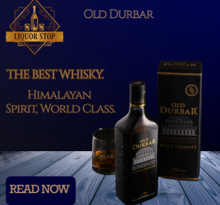 A professional advertisement for Old Durbar Black Chimney whisky.