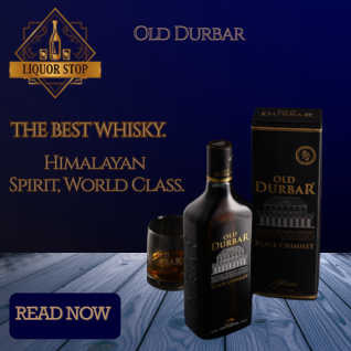A professional advertisement for Old Durbar Black Chimney whisky.