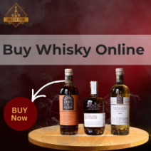 A professional promotional graphic for an online liquor store featuring three different bottles of premium whisky standing on a circular wooden platform. The background is a dark, moody red with wisps of smoke. A grey banner across the middle reads 'Buy Whisky Online' in bold black text. A red 'Buy Now' button with a white arrow points toward the bottles.
