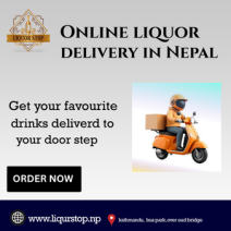 A graphic for a liquor delivery service in Nepal. The design features a light gray background with a logo for 'Liquor Stop' in the top left corner. The headline reads 'ONLINE LIQUOR DELIVERY IN NEPAL' in a bold serif font, followed by the text 'Get your favourite drinks deliverd to your door step.' On the right is a 3D illustration of a delivery person on an orange scooter. At the bottom, a black 'ORDER NOW' button sits above a navy blue footer containing the website 'www.liqurstop.np' and a location pin for Kathmandu.