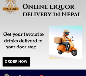 A graphic for a liquor delivery service in Nepal. The design features a light gray background with a logo for 'Liquor Stop' in the top left corner. The headline reads 'ONLINE LIQUOR DELIVERY IN NEPAL' in a bold serif font, followed by the text 'Get your favourite drinks deliverd to your door step.' On the right is a 3D illustration of a delivery person on an orange scooter. At the bottom, a black 'ORDER NOW' button sits above a navy blue footer containing the website 'www.liqurstop.np' and a location pin for Kathmandu.