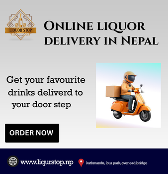A graphic for a liquor delivery service in Nepal. The design features a light gray background with a logo for 'Liquor Stop' in the top left corner. The headline reads 'ONLINE LIQUOR DELIVERY IN NEPAL' in a bold serif font, followed by the text 'Get your favourite drinks deliverd to your door step.' On the right is a 3D illustration of a delivery person on an orange scooter. At the bottom, a black 'ORDER NOW' button sits above a navy blue footer containing the website 'www.liqurstop.np' and a location pin for Kathmandu.
