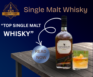 Promotional image for Liquor Stop featuring a bottle of Cotswolds Single Malt Whisky and a cocktail glass on a wooden table. Text reads "Top Single Malt Whisky" with a blue "Read Now" button.