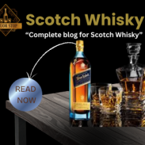 Digital marketing banner for Liquor Stop featuring a Johnnie Walker Blue Label bottle and a whisky decanter set on a wooden table. Text reads "Scotch Whisky: Complete blog for Scotch Whisky" with a circular "Read Now" button.