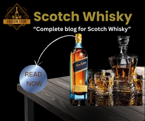 Digital marketing banner for Liquor Stop featuring a Johnnie Walker Blue Label bottle and a whisky decanter set on a wooden table. Text reads "Scotch Whisky: Complete blog for Scotch Whisky" with a circular "Read Now" button.